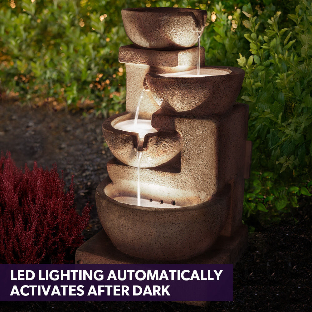 4 Bowl Solar Water Feature Fountain with LED Lights - Sand Color, 5m Solar Panel