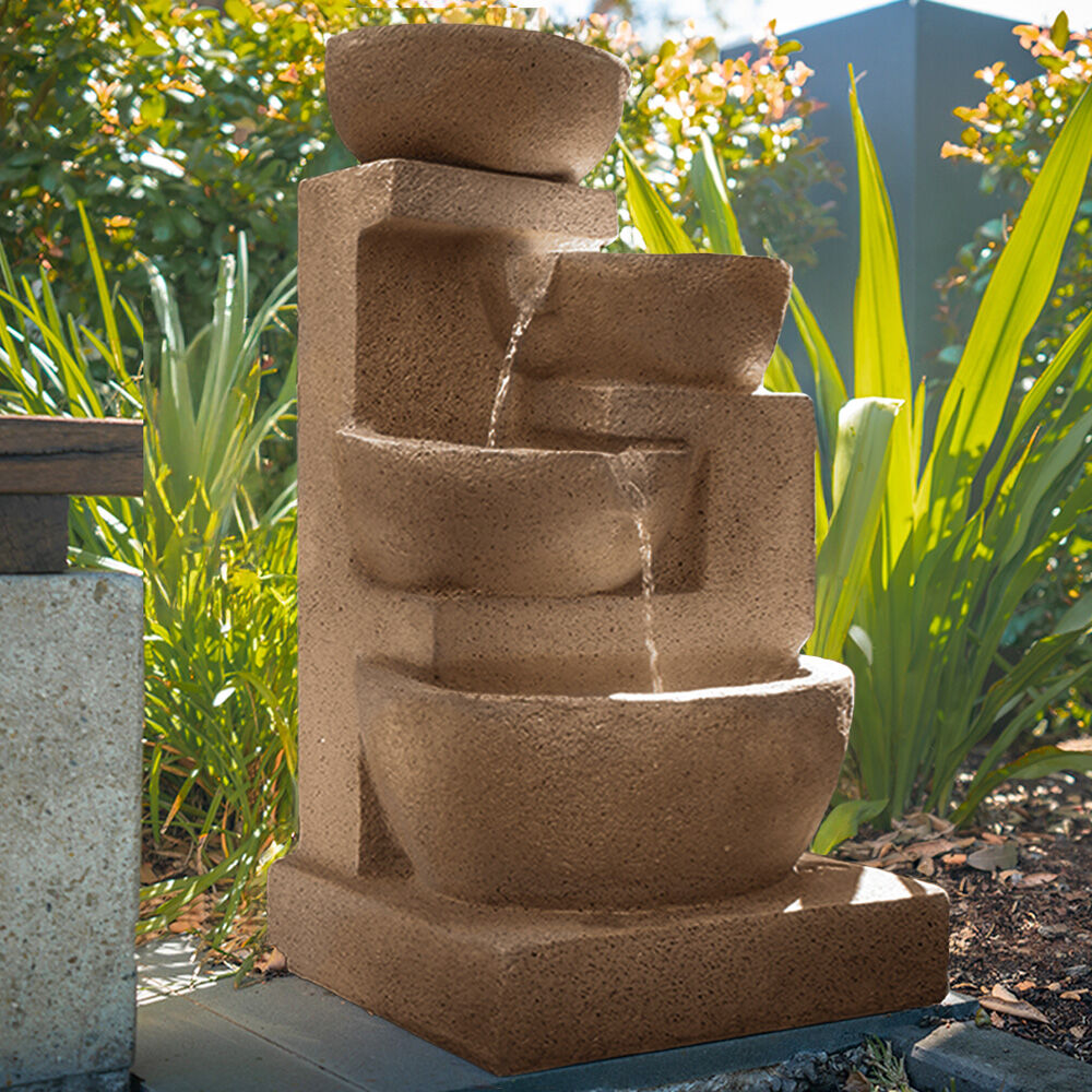 4 Bowl Solar Water Feature Fountain with LED Lights - Sand Color, 5m Solar Panel