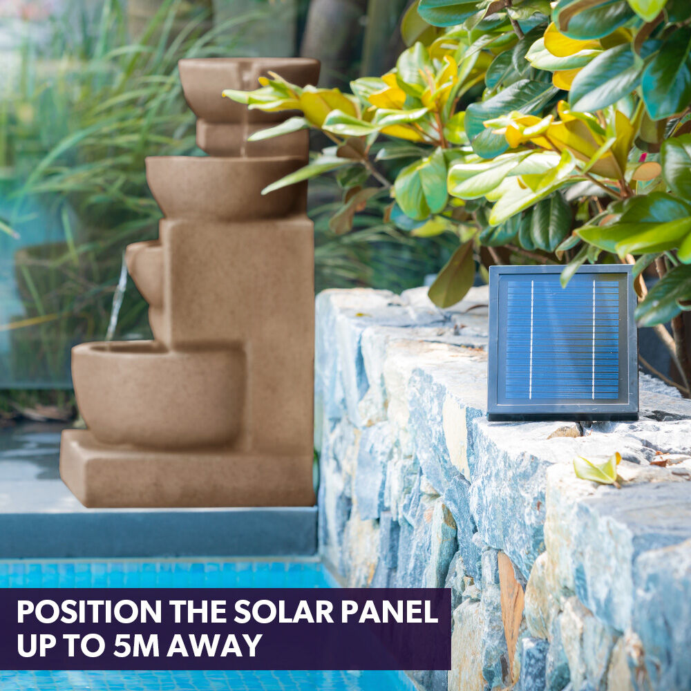 4 Bowl Solar Water Feature Fountain with LED Lights - Sand Color, 5m Solar Panel