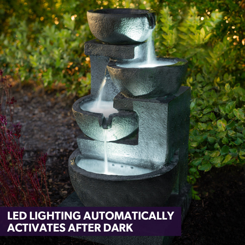 4 Bowl Outdoor Solar Water Feature with LED Lights - Charcoal, 5m Solar Panel