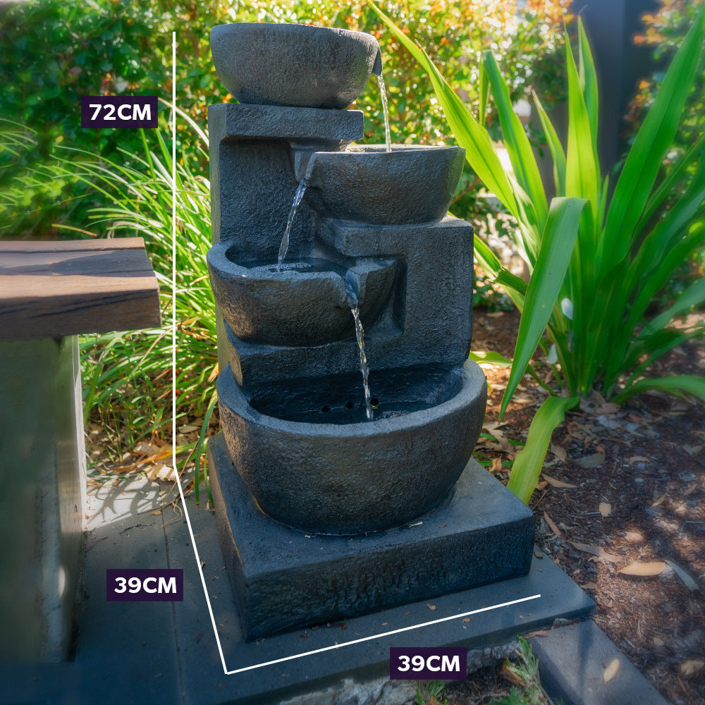 4 Bowl Outdoor Solar Water Feature with LED Lights - Charcoal, 5m Solar Panel