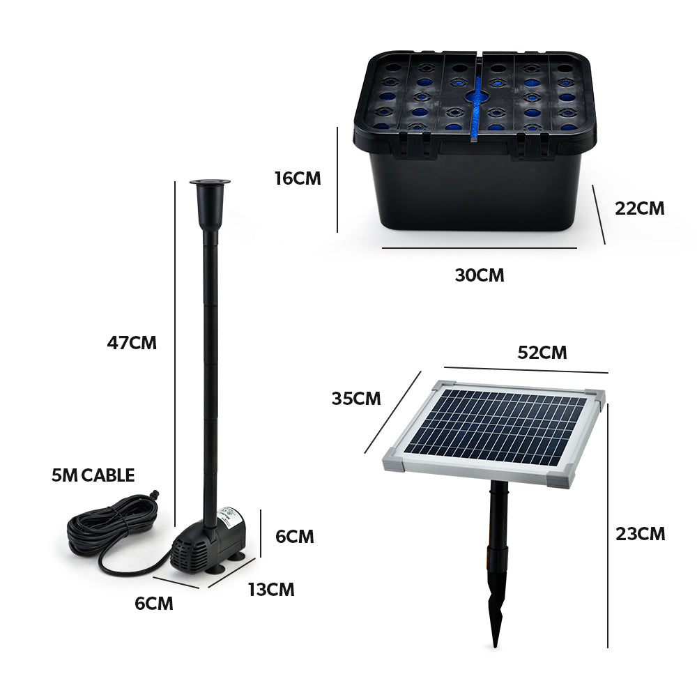 Solar-Powered Pond Fountain Kit with Eco Filter, 1.7m Height, 20W Pump