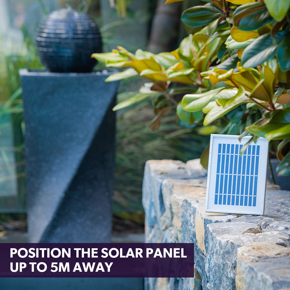 Contemporary Solar Water Feature with LED Lights & 5m Panel Cable, Black