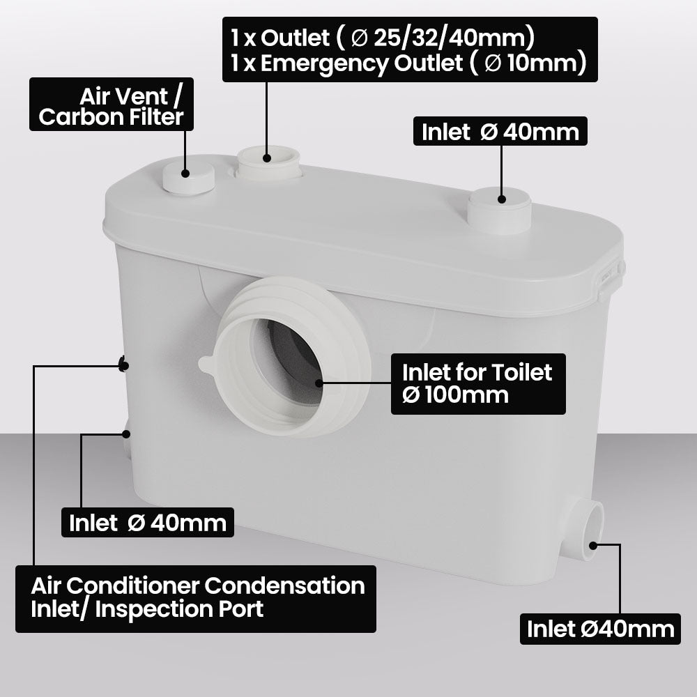 Macerator Pump with 4 Inlets for Toilet, Shower, Sink, and Washing Machine