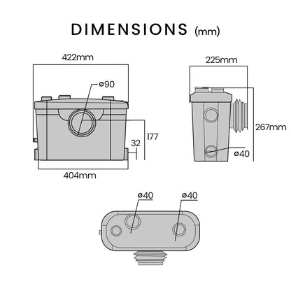 Macerator Pump with 4 Inlets for Toilet, Shower, Sink, and Washing Machine