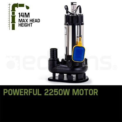 2250W Submersible Sewage Pump with 14m Head & 28,800 L/h Flow Rate