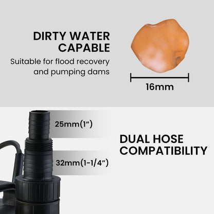 Compact Submersible Sump Pump, 750W, 13,000 L/H, 8.5m Head, Float Switch