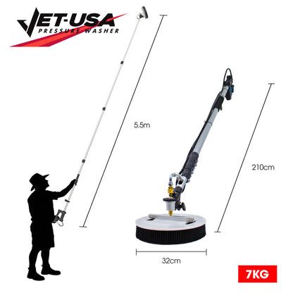 5.5m Telescopic Rotary Surface Cleaner Brush, for Solar Panels, Walls, Windows, M22 Pressure Washer Connection
