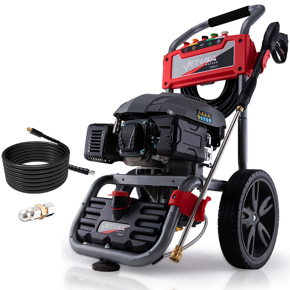 Petrol Pressure Washer with 30m Hose & Drain Cleaner - 7HP Engine, 0.76m Hose