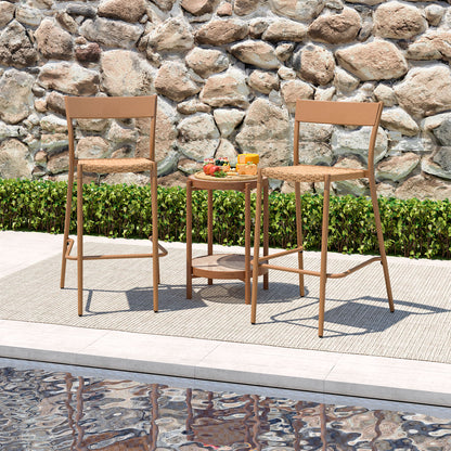 Patio Barstools Set of 2 with Rattan Seat and Metal Backrest-Brown
