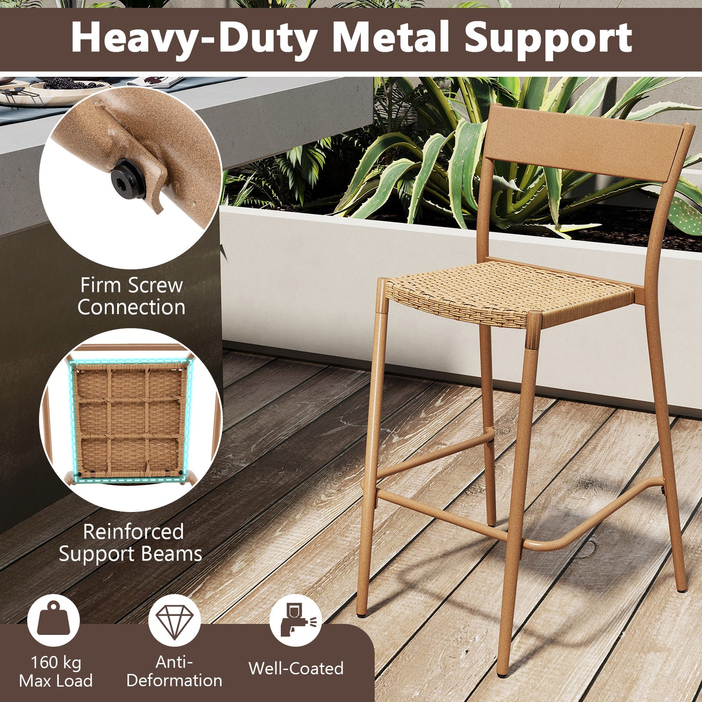 Patio Barstools Set of 2 with Rattan Seat and Metal Backrest-Brown