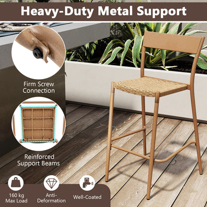 Patio Barstools Set of 2 with Rattan Seat and Metal Backrest-Brown