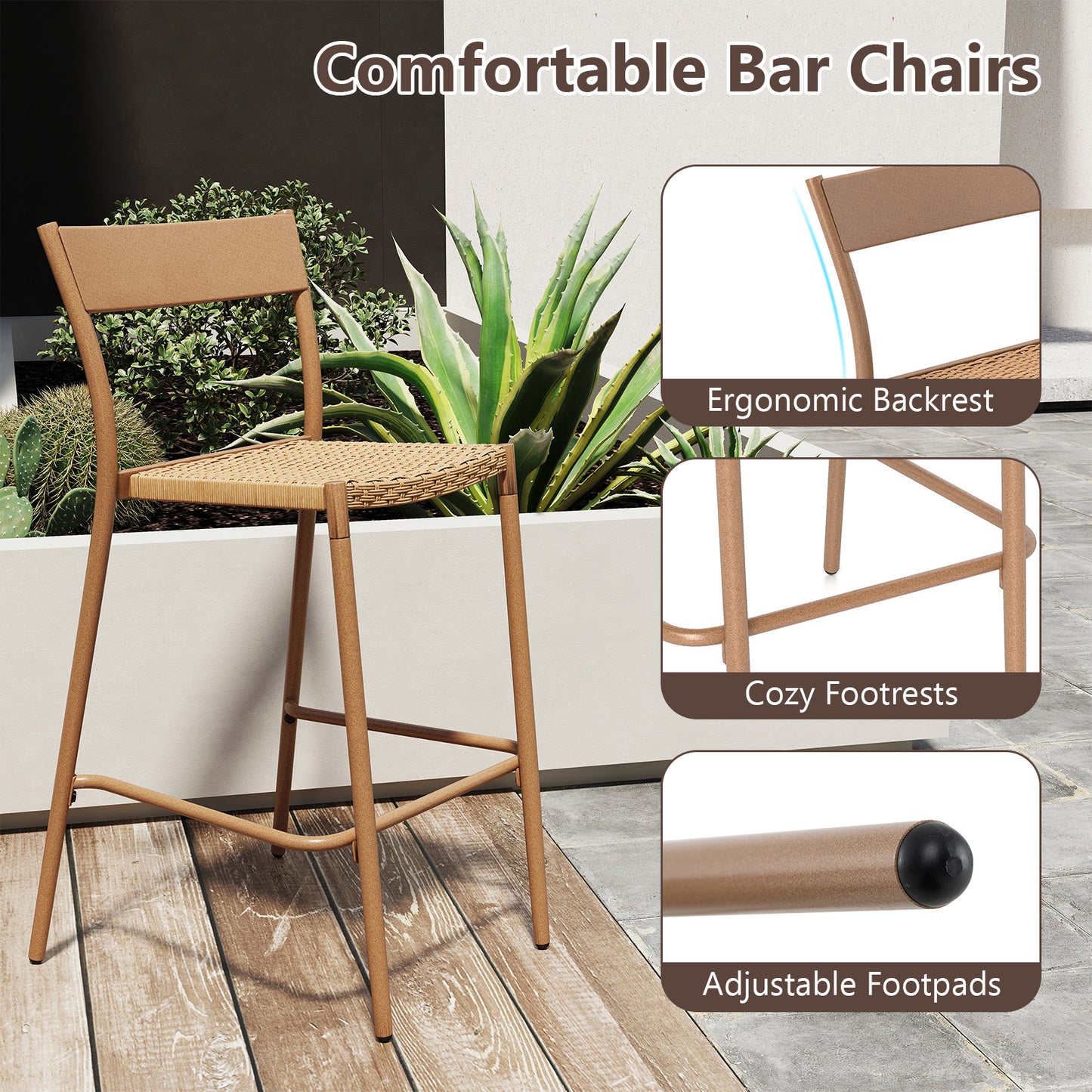 Patio Barstools Set of 2 with Rattan Seat and Metal Backrest-Brown