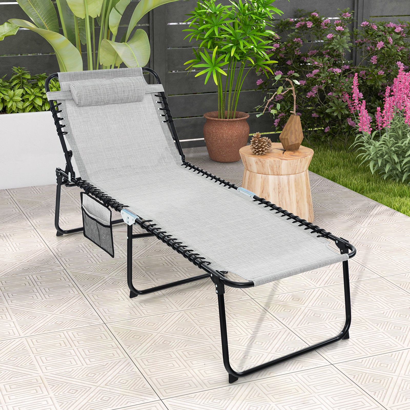 Patio Folding Chaise Lounge Oversized Portable Lay Flat Reclining Chair-Grey-L