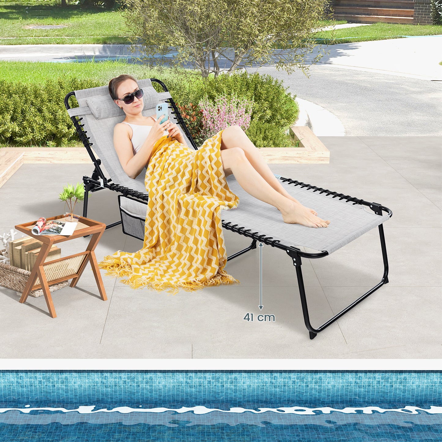 Patio Folding Chaise Lounge Oversized Portable Lay Flat Reclining Chair-Grey-L