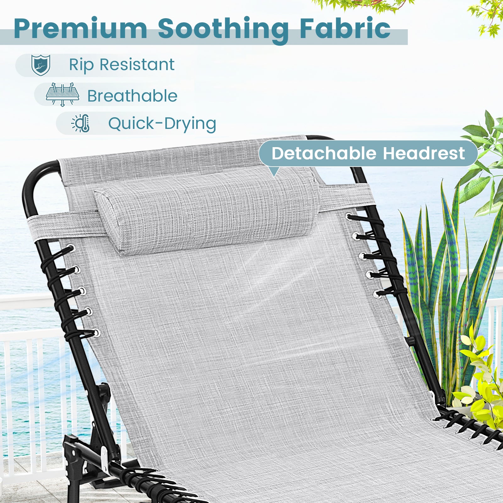 Patio Folding Chaise Lounge Oversized Portable Lay Flat Reclining Chair-Grey-L