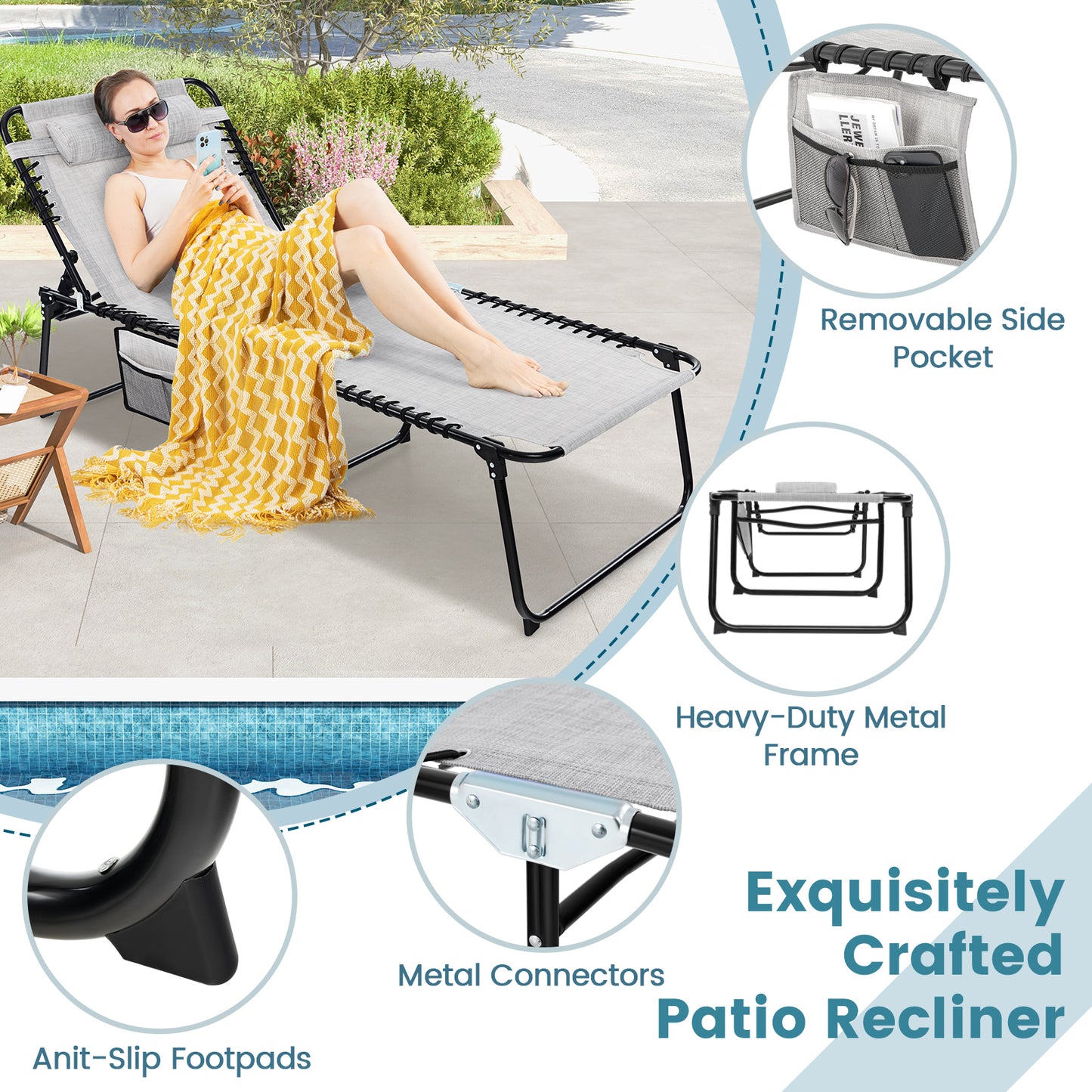 Patio Folding Chaise Lounge Oversized Portable Lay Flat Reclining Chair-Grey-L