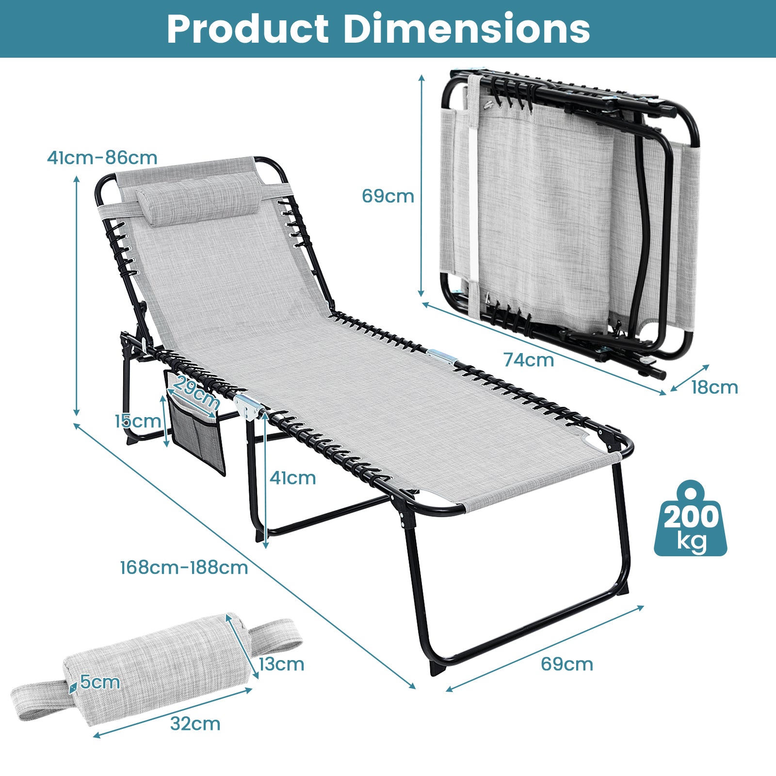 Patio Folding Chaise Lounge Oversized Portable Lay Flat Reclining Chair-Grey-L