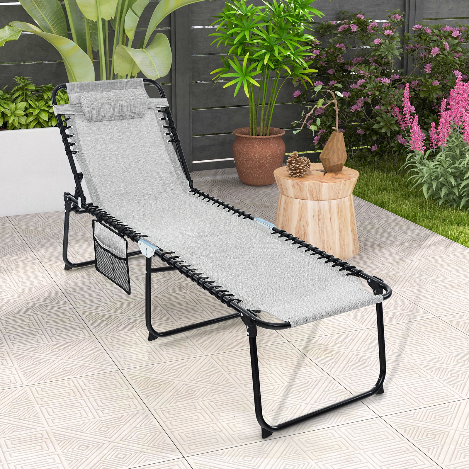 Patio Folding Chaise Lounge Oversized Portable Lay Flat Reclining Chair-Grey-M