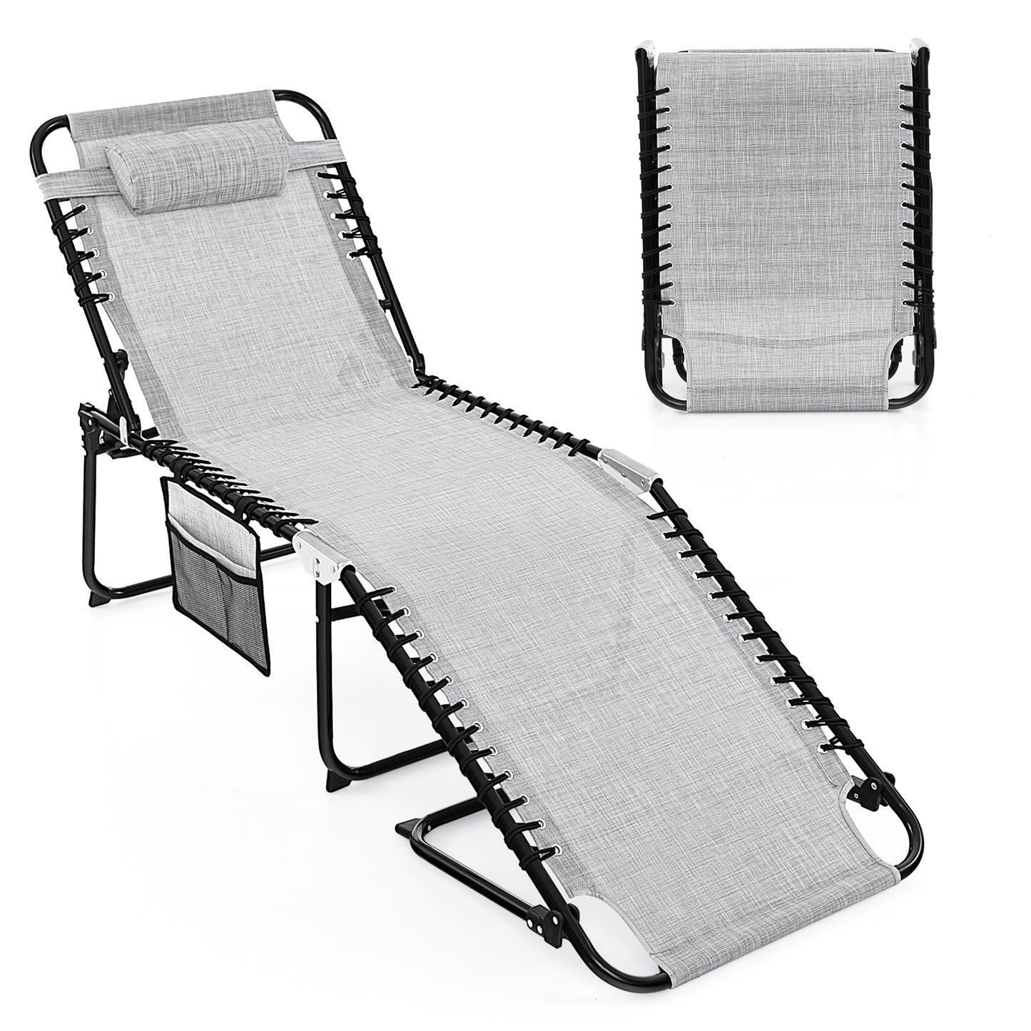 Patio Folding Chaise Lounge Oversized Portable Lay Flat Reclining Chair-Grey-M