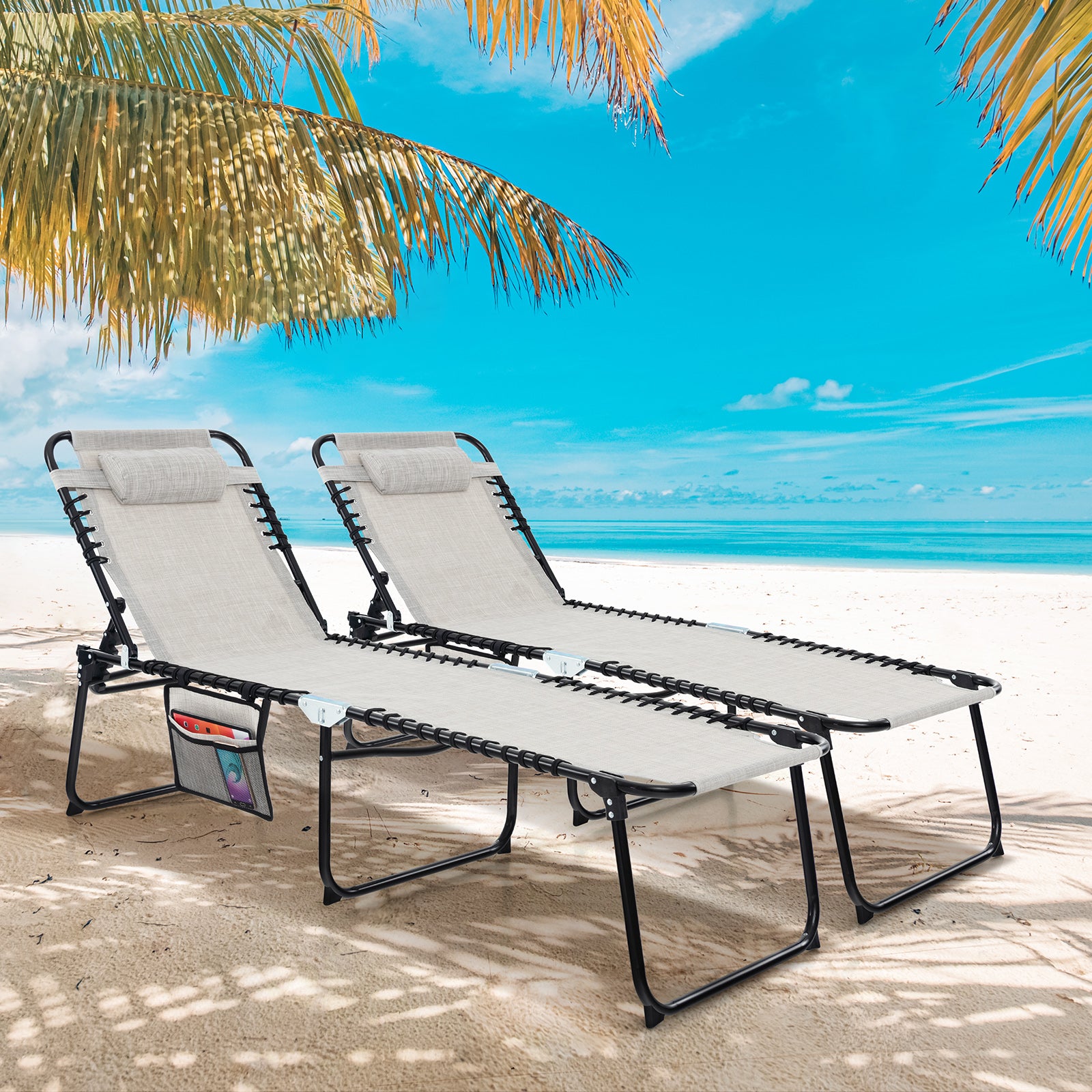 Patio Folding Chaise Lounge Oversized Portable Lay Flat Reclining Chair-Grey-M
