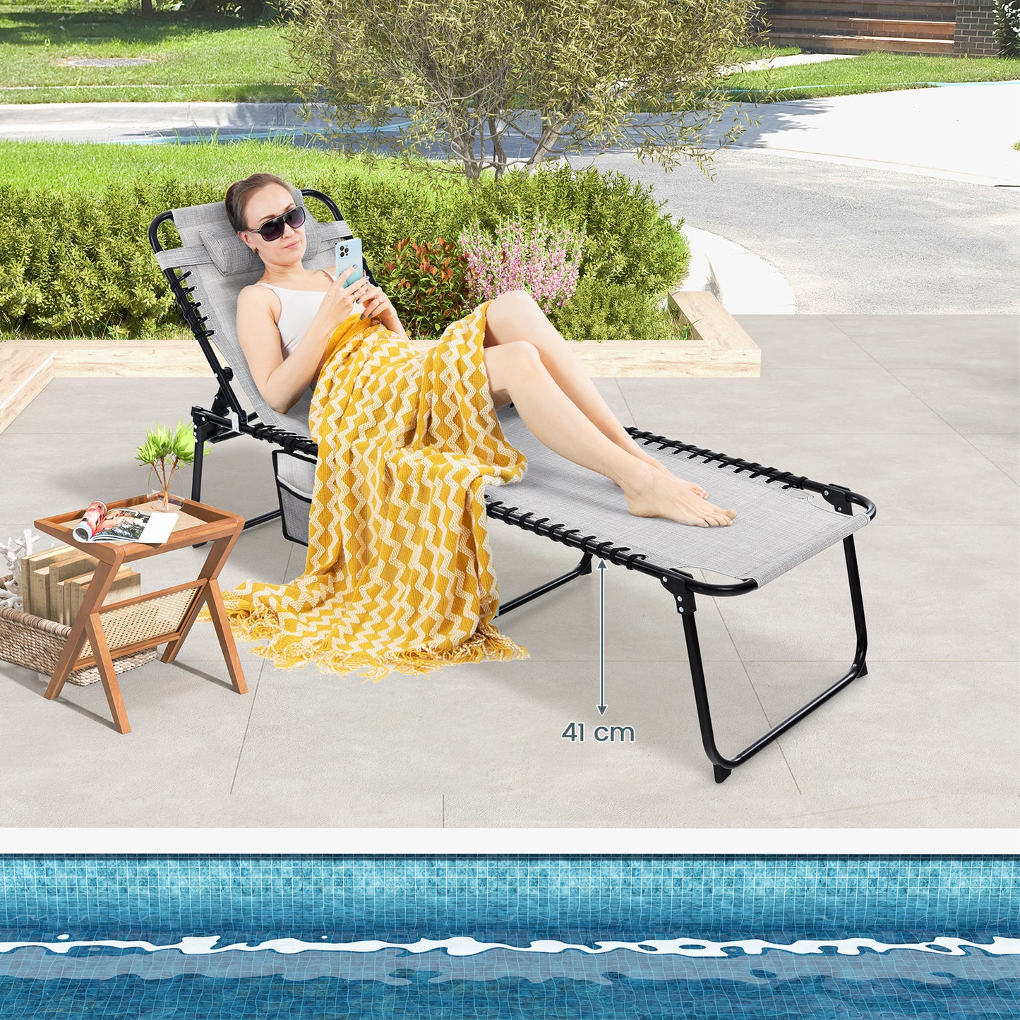 Patio Folding Chaise Lounge Oversized Portable Lay Flat Reclining Chair-Grey-M