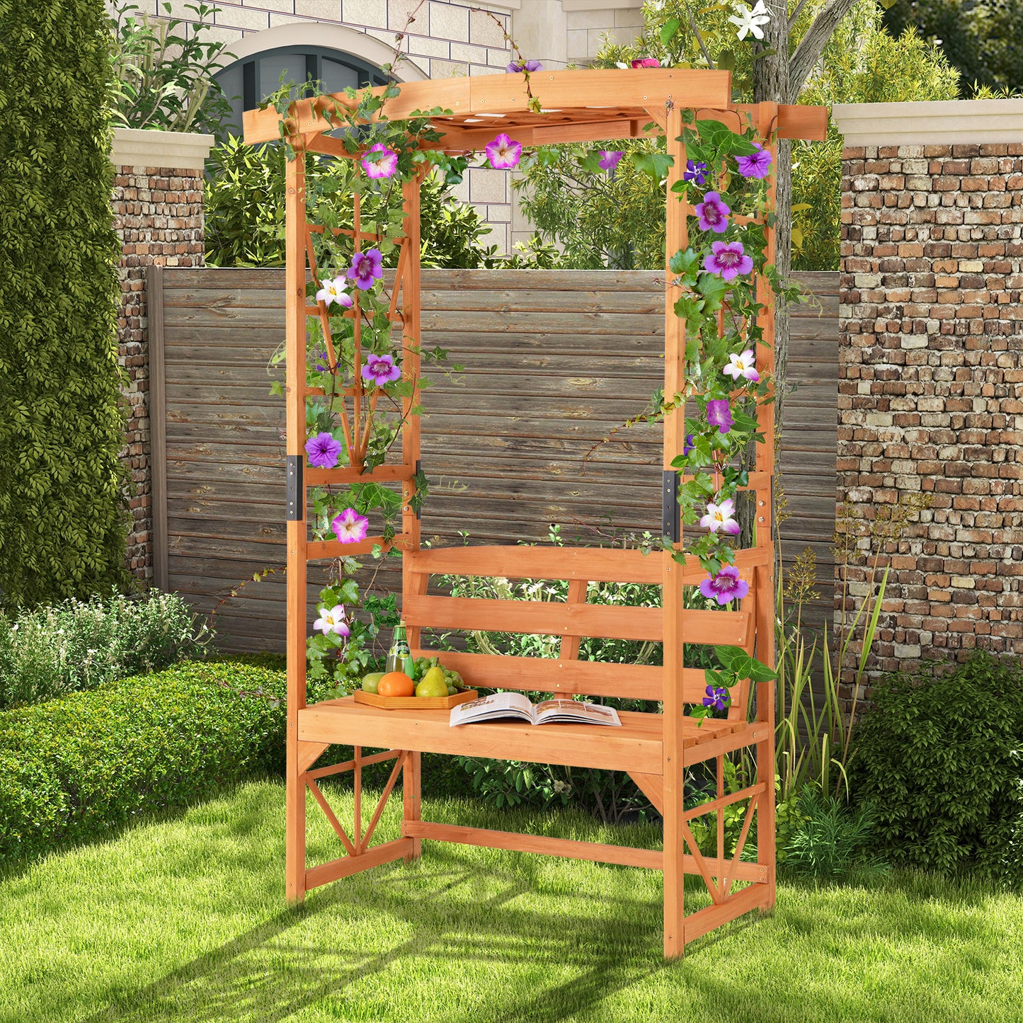 Patio Garden Arbor with Bench and 2 Trellises-Yellow