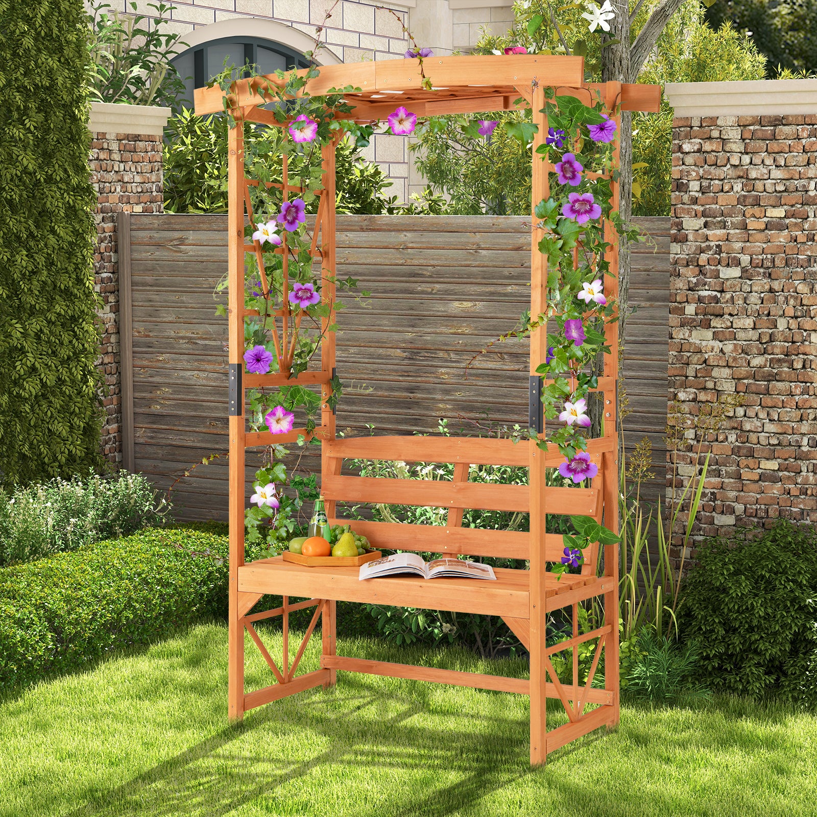 Patio Garden Arbor with Bench and 2 Trellises-Yellow