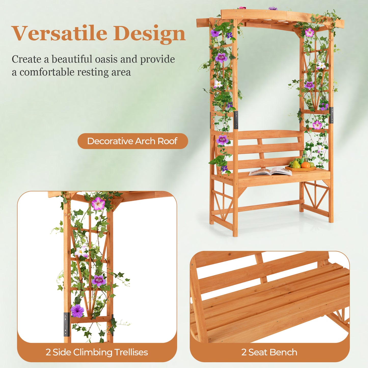 Patio Garden Arbor with Bench and 2 Trellises-Yellow