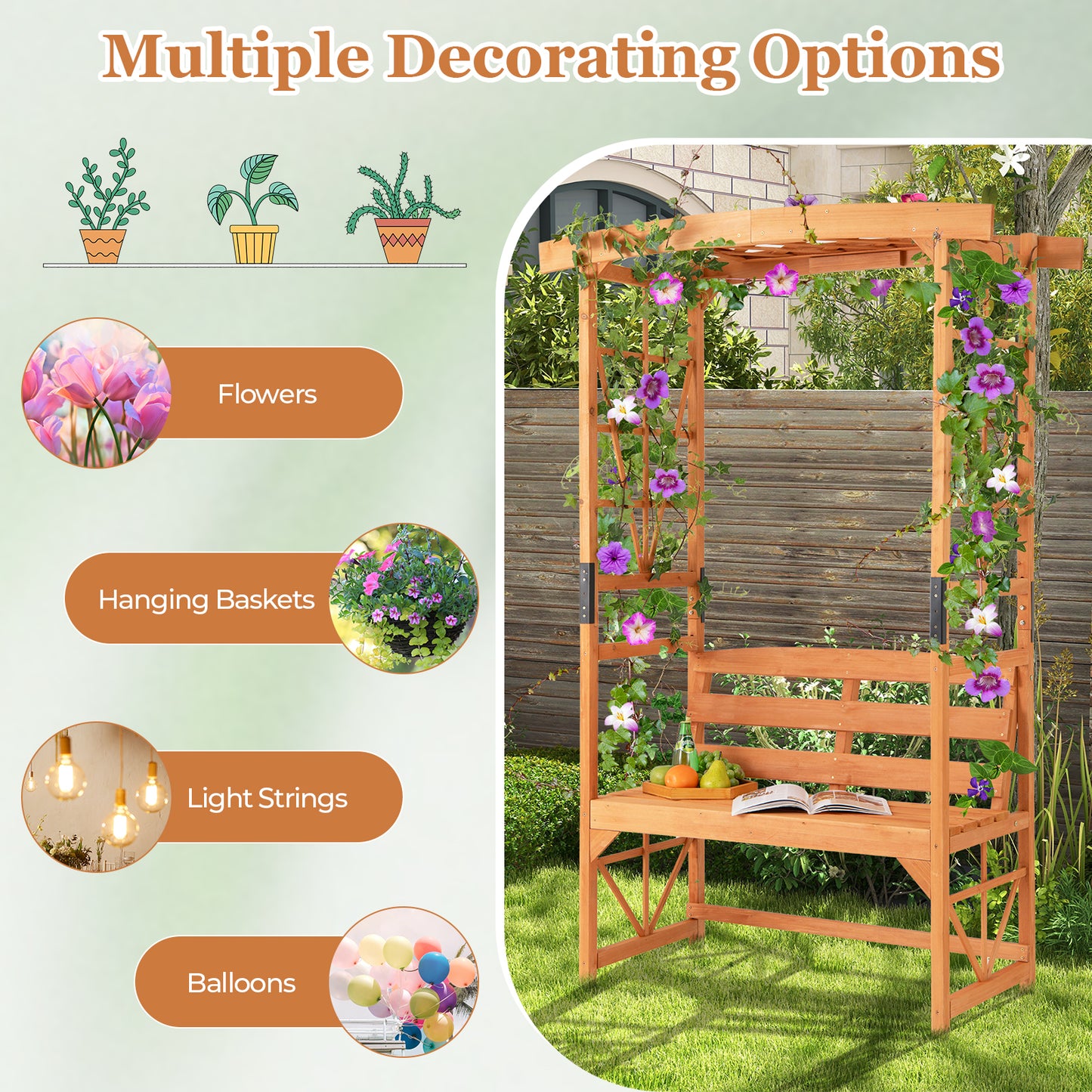 Patio Garden Arbor with Bench and 2 Trellises-Yellow