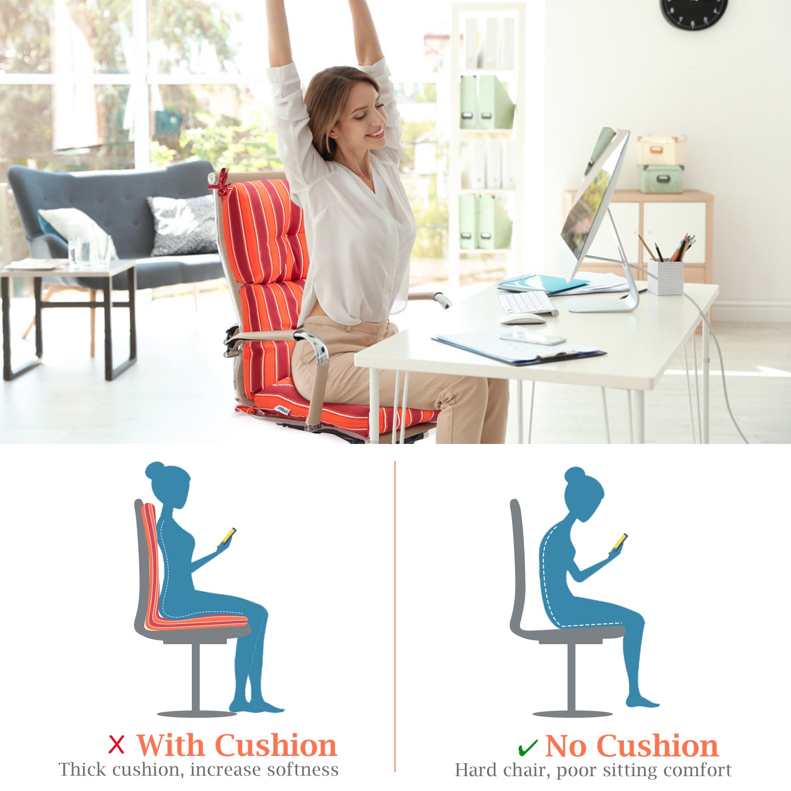 Patio High Back Chair Cushion Chair Seat Pads with Non-slip Rope Belts-Orange & Red