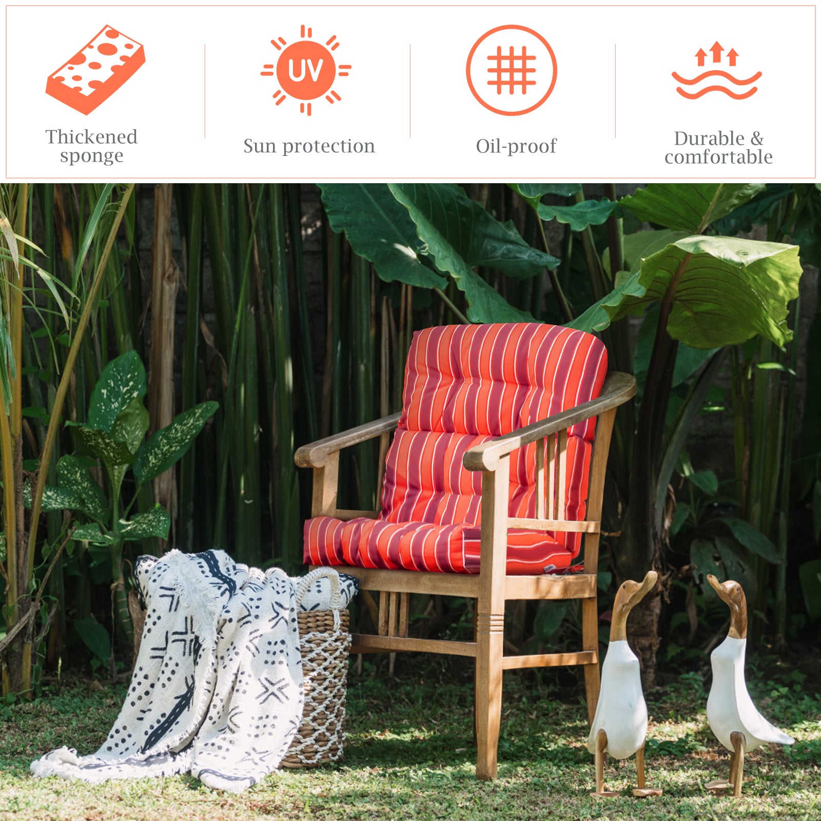 Patio High Back Chair Cushion Chair Seat Pads with Non-slip Rope Belts-Orange & Red