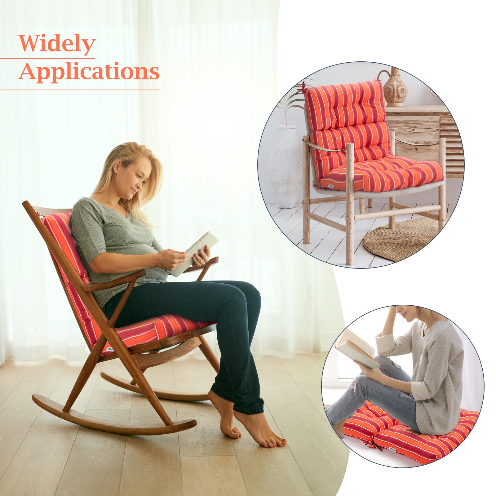 Patio High Back Chair Cushion Chair Seat Pads with Non-slip Rope Belts-Orange & Red