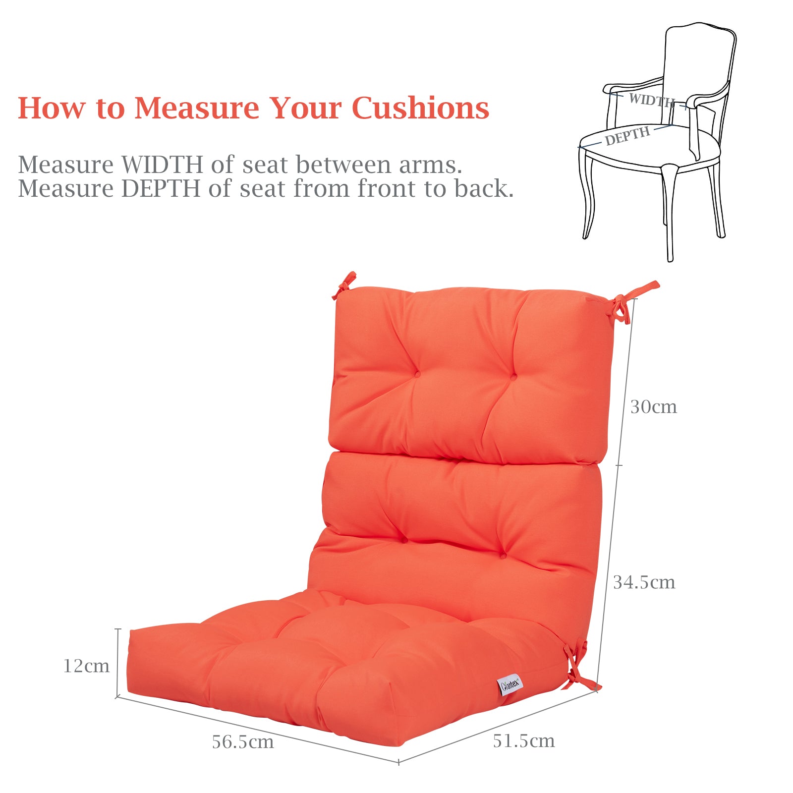 Patio High Back Chair Cushion Chair Seat Pads with Non-slip Rope Belts-Orange