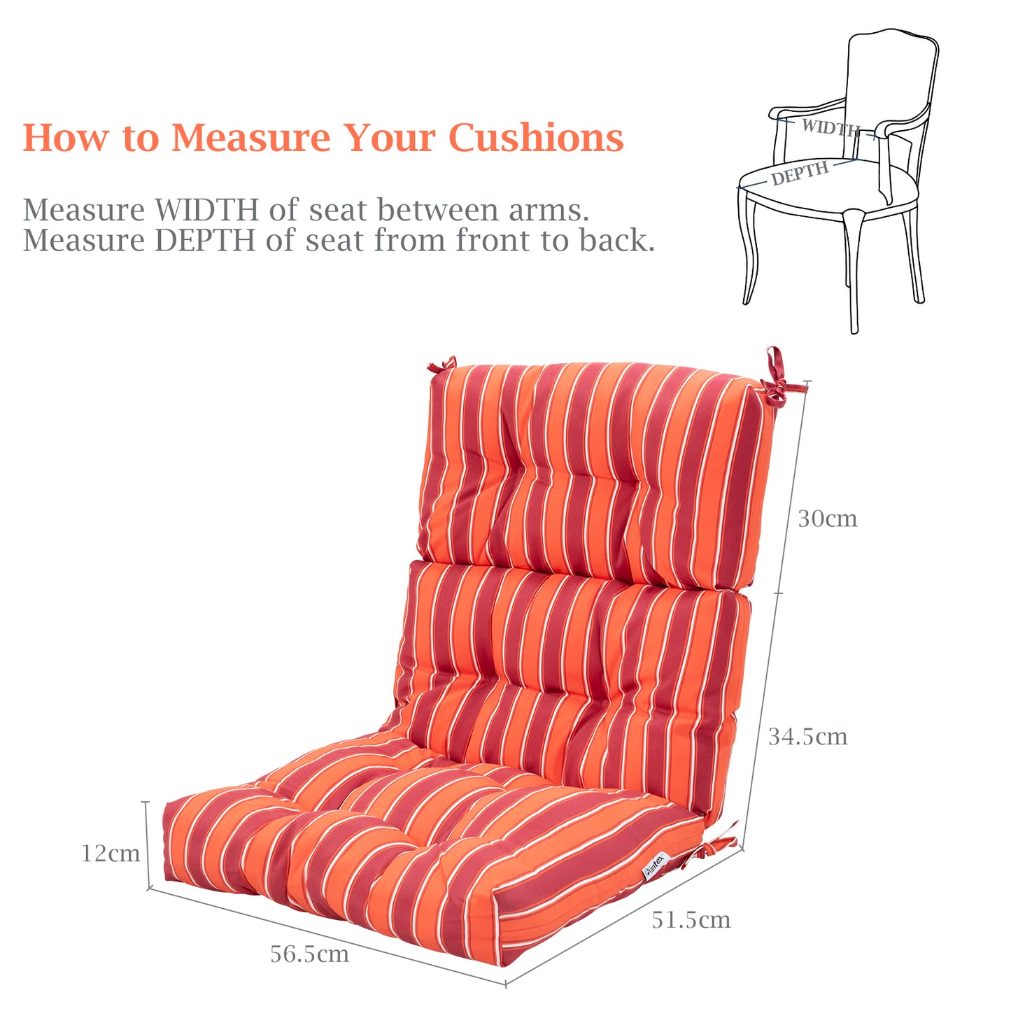 Patio High Back Chair Cushion Chair Seat Pads with Non-slip Rope Belts-Orange & Red