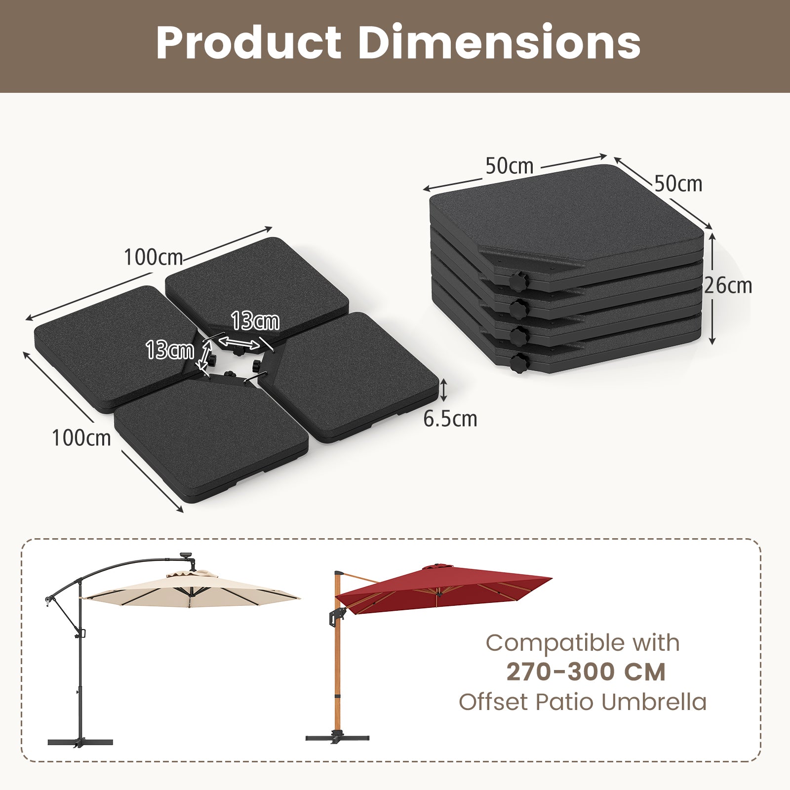 Patio Offset Umbrella Base 100 kg Capacity Heavy-Duty 4-Piece Square Plate Set