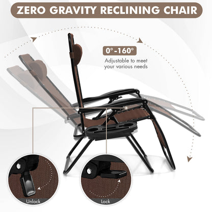 Patio Zero Gravity Lounge Chair with Cup Holder & Removable Pillow-Coffee-2 pieces