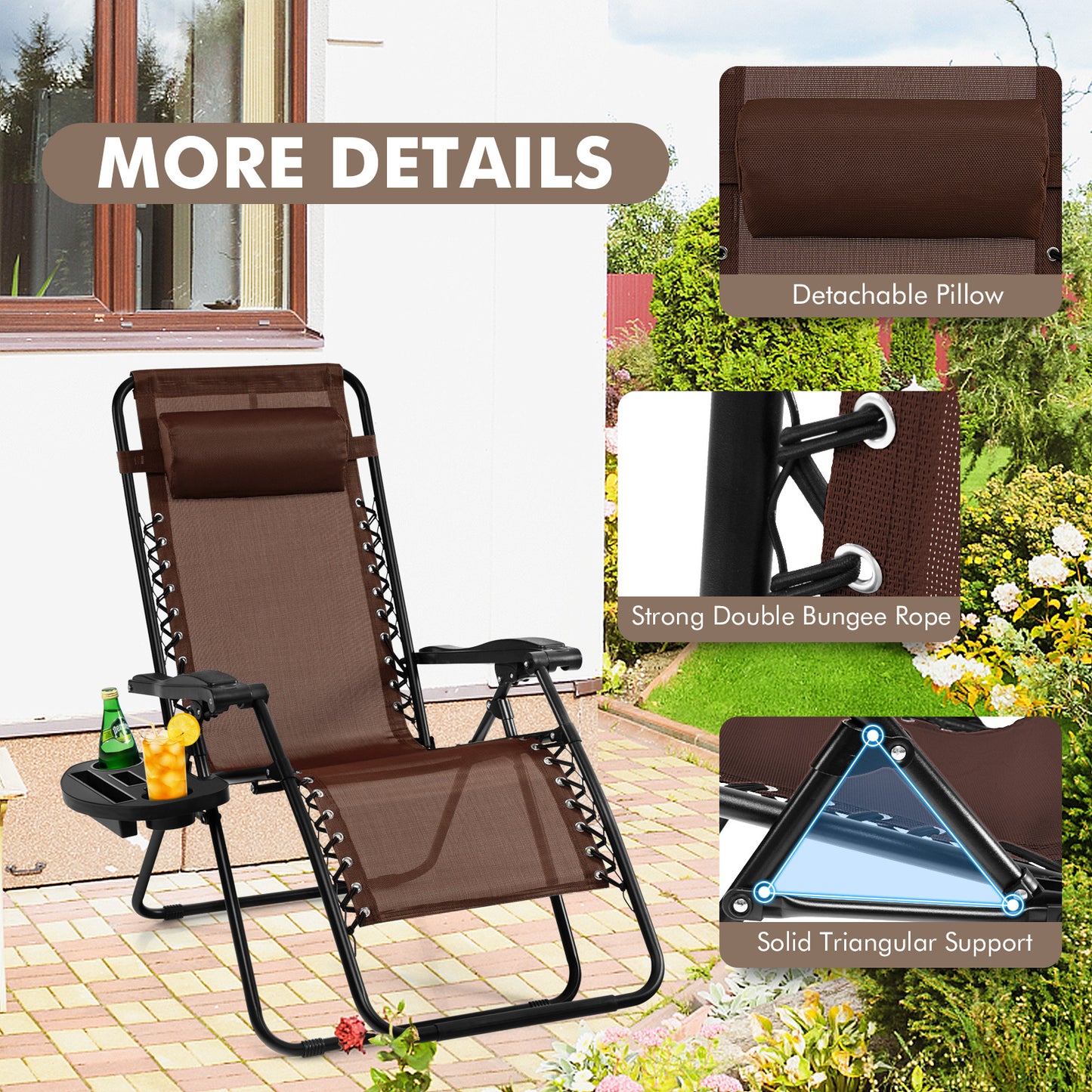 Patio Zero Gravity Lounge Chair with Cup Holder & Removable Pillow-Coffee-2 pieces