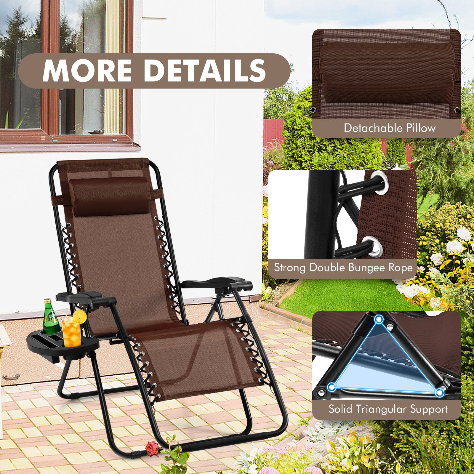 Patio Zero Gravity Lounge Chair with Cup Holder & Removable Pillow-Coffee-2 pieces