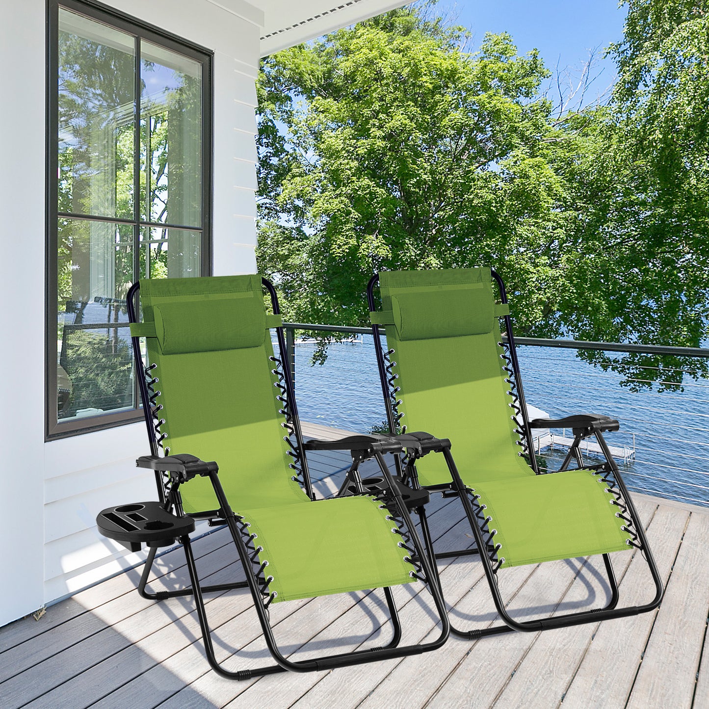 Patio Zero Gravity Lounge Chair with Cup Holder & Removable Pillow-Green-2 pieces