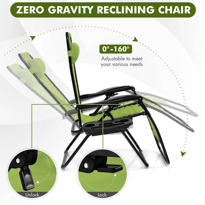 Patio Zero Gravity Lounge Chair with Cup Holder & Removable Pillow-Green-2 pieces