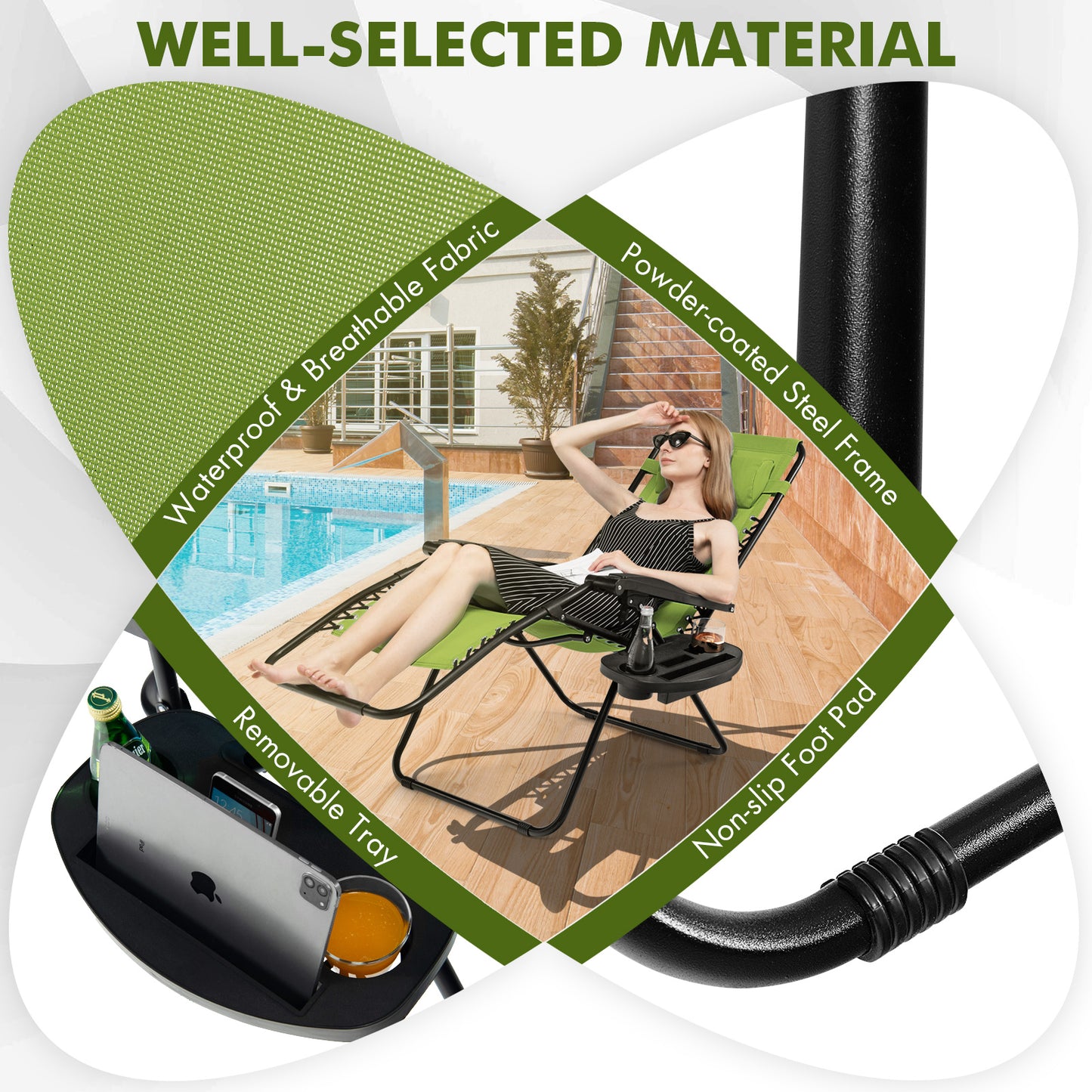 Patio Zero Gravity Lounge Chair with Cup Holder & Removable Pillow-Green-2 pieces