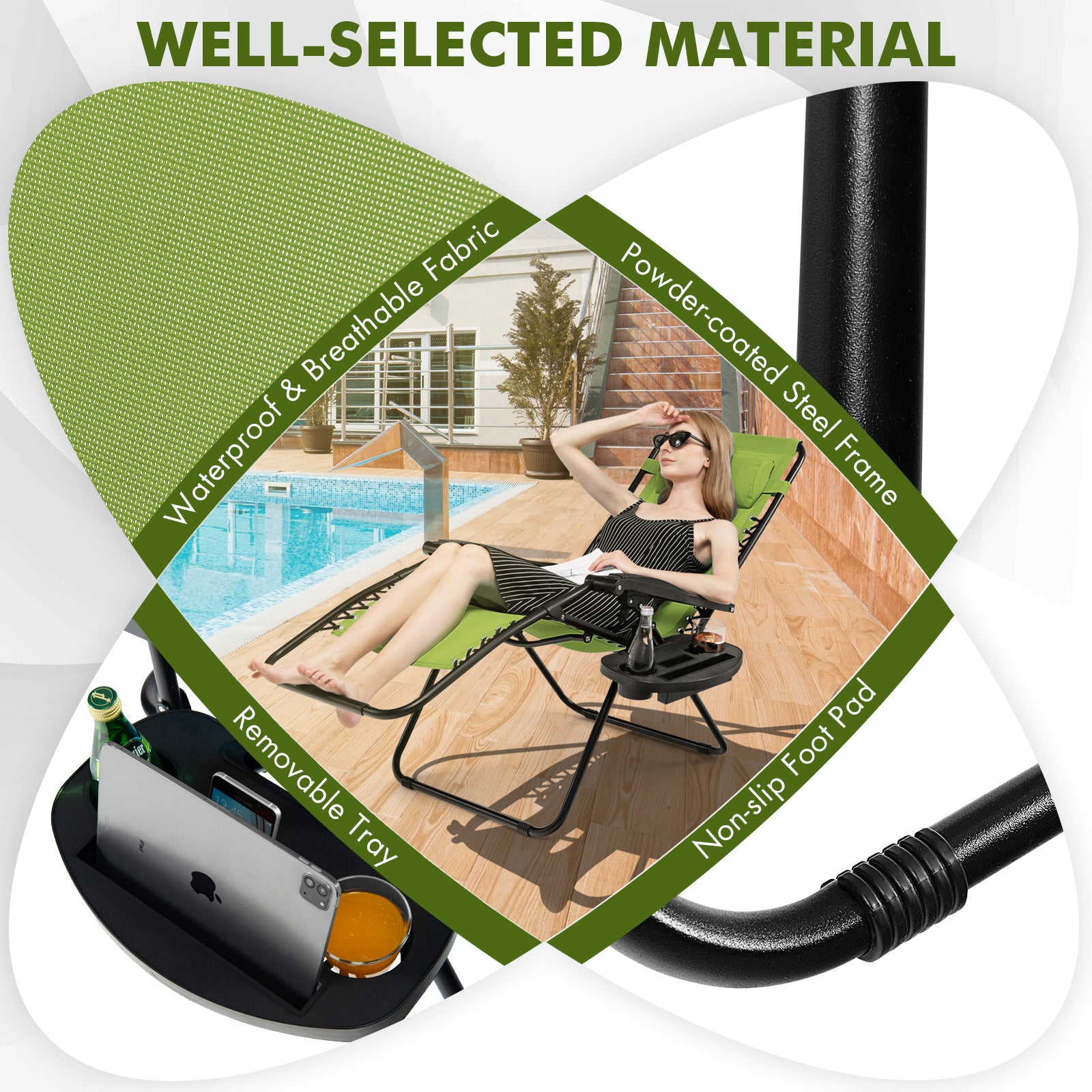 Patio Zero Gravity Lounge Chair with Cup Holder & Removable Pillow-Green-2 pieces