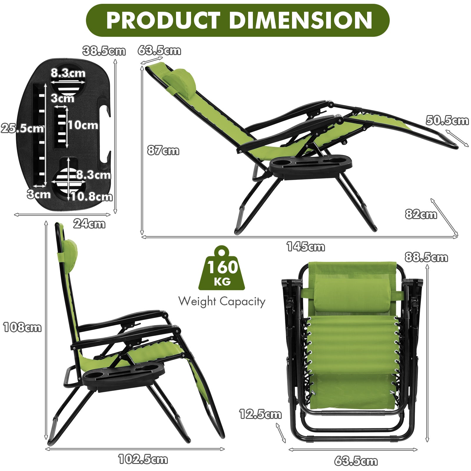 Patio Zero Gravity Lounge Chair with Cup Holder & Removable Pillow-Green-2 pieces