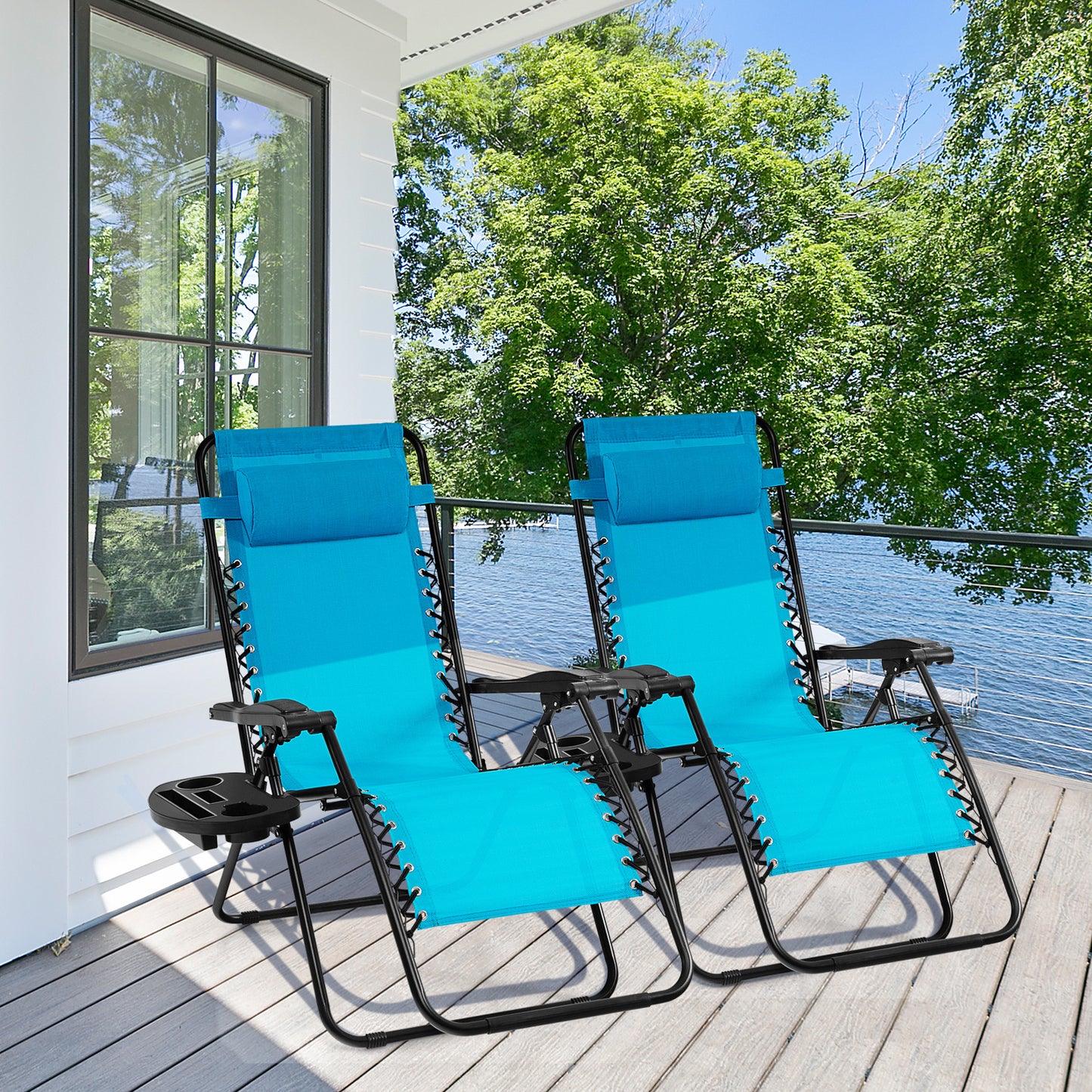 Patio Zero Gravity Lounge Chair with Cup Holder & Removable Pillow-Blue-2 pieces