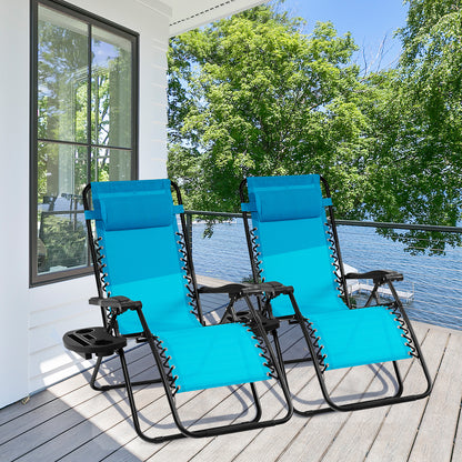 Patio Zero Gravity Lounge Chair with Cup Holder & Removable Pillow-Blue-2 pieces