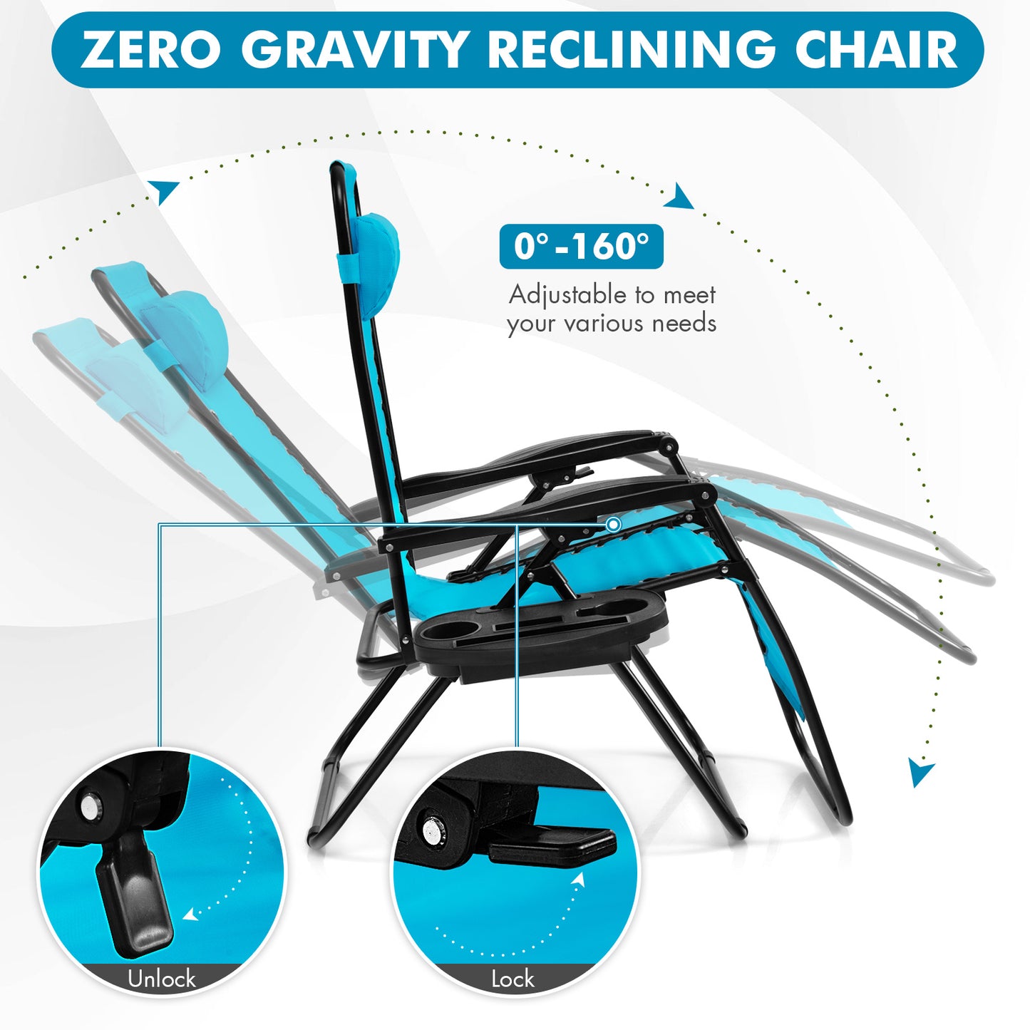 Patio Zero Gravity Lounge Chair with Cup Holder & Removable Pillow-Blue-2 pieces