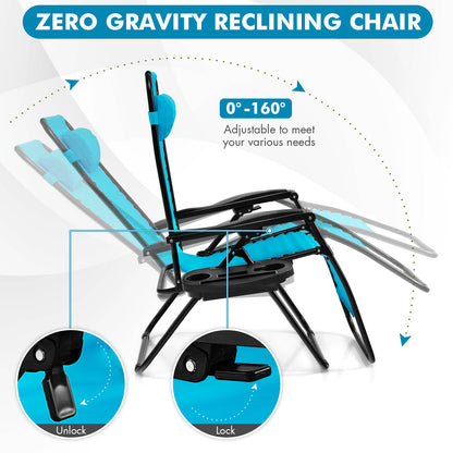 Patio Zero Gravity Lounge Chair with Cup Holder & Removable Pillow-Blue-2 pieces