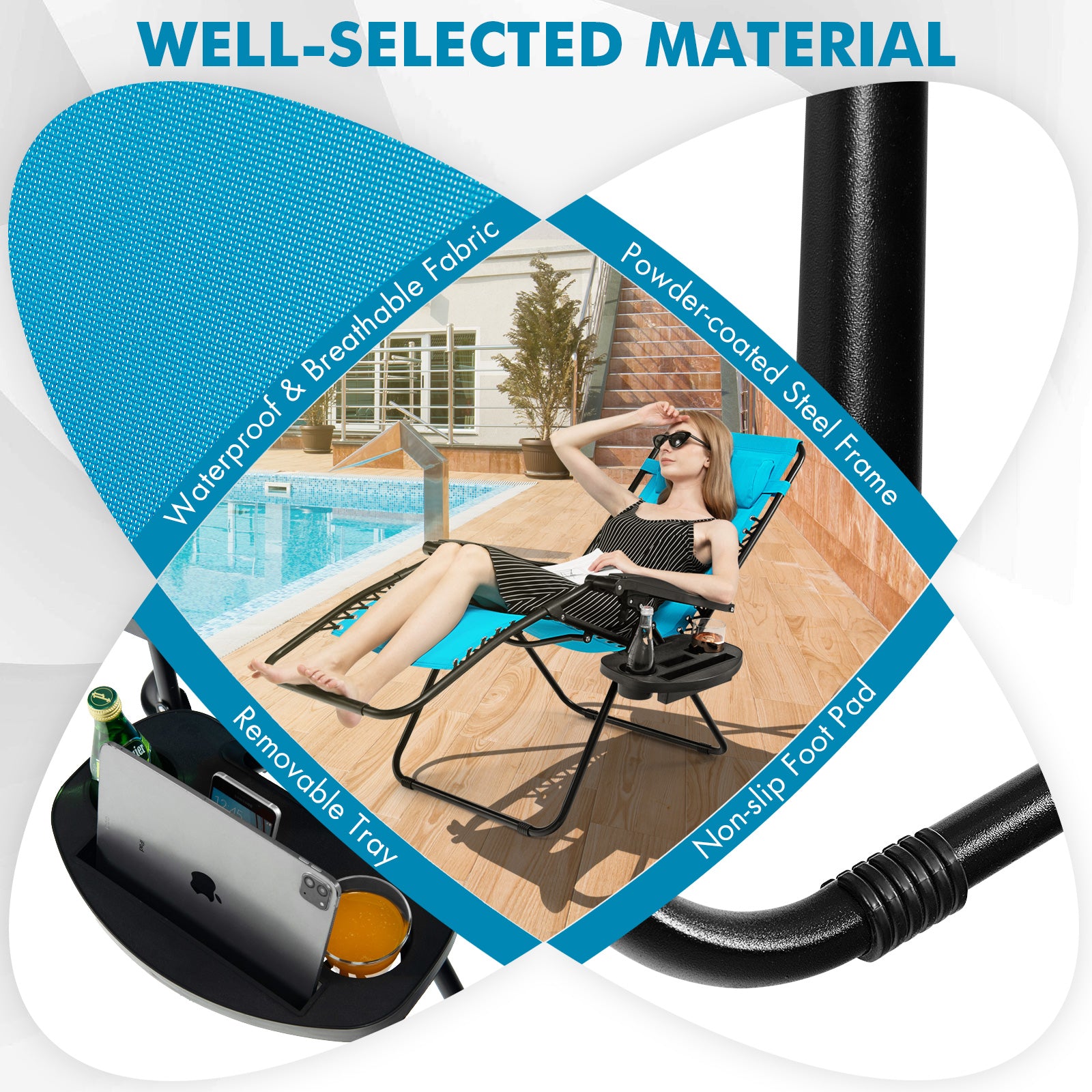 Patio Zero Gravity Lounge Chair with Cup Holder & Removable Pillow-Blue-2 pieces