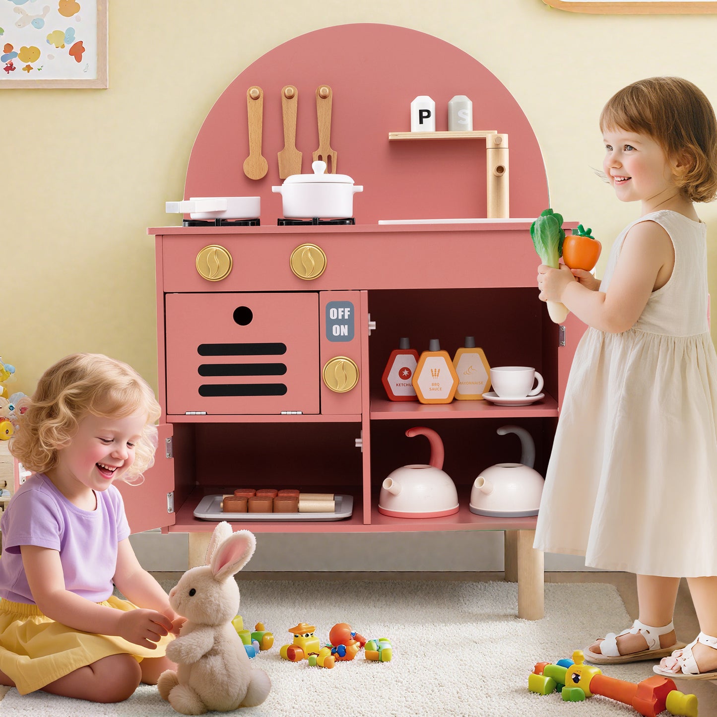 Play Kitchen for Kids Wooden Kitchen Playset with Stoves Faucet-Pink